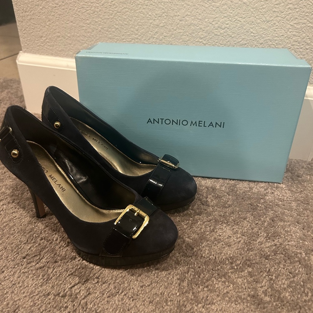 ANTONIO MELANI Dark Blue Heels with Gold Accents